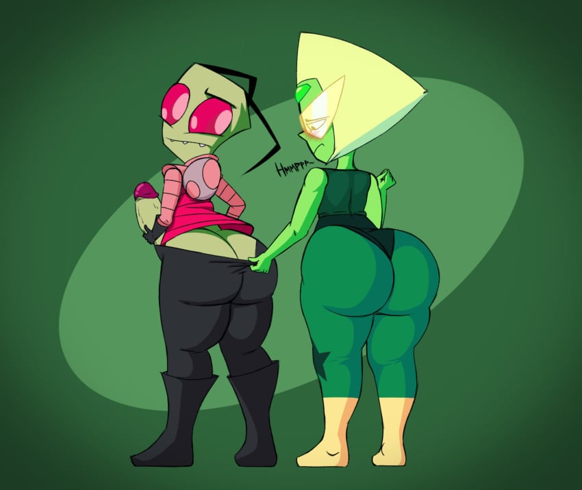 1boy 1girls ass ass_cleavage ass_focus big_butt butt_crack cartoon_network clothed clothing crossover cynicaltwin female gem_(species) invader_zim irken leotard mrwastemaster nickelodeon penis peridot_(steven_universe) pulling_pants_down standing steven_universe tagme yoga_pants zim