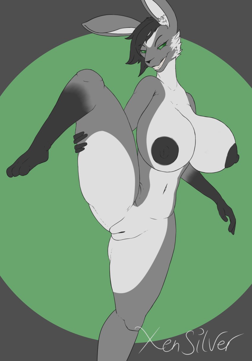 anthro big_breasts breasts female genitals green_eyes hi_res huge_breasts hyper hyper_breasts lagomorph leporid mammal navel nipples nude pussy rabbit simple_background smile solo xensilver