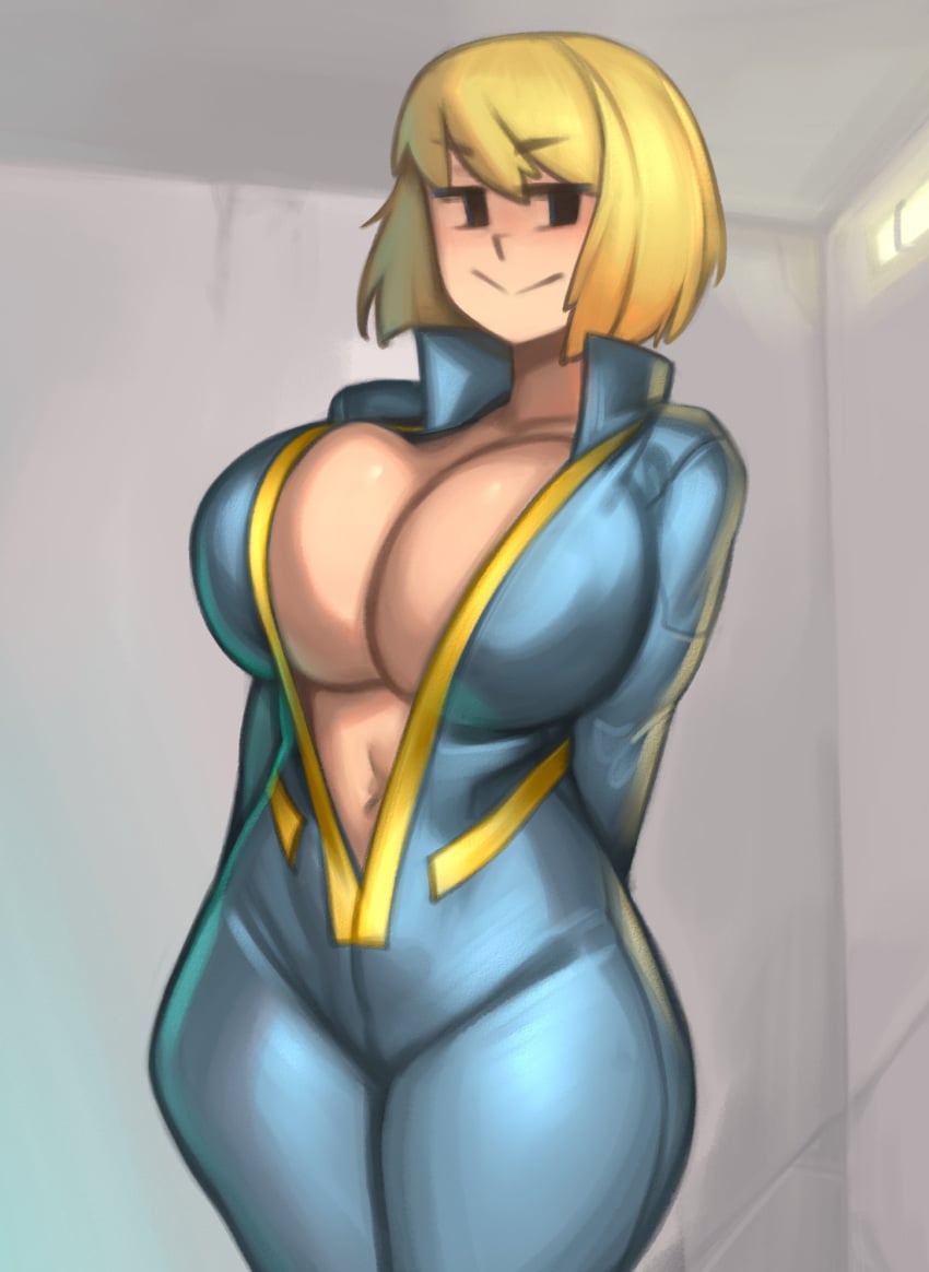 1girls areola belly_button bethesda_softworks big_breasts bimbo blonde_hair breasts cleavage clothed clothing fallout fallout_(series) female female_focus female_only huge_breasts kelvin_hiu light-skinned_female light_skin mob_face navel no_bra short_hair smile smiling solo solo_female solo_focus unzipped_bodysuit vault_girl vault_meat vault_suit