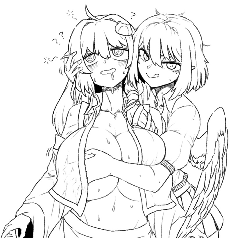 2girls ? breasts crazy_eyes female female/female female_only formicid groping groping_from_behind hand_on_breast huge_breasts hypnosis large_breasts licking_lips mind_control pointy_ears pov pov_eye_contact sanae_kochiya shameimaru_aya sweat tagme touhou wings yuri