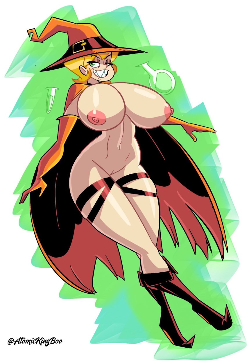 1girls areola areolae artist_name atomickingboo bursting_breasts busty cleavage clothing halloween hat hips hourglass_figure jackie_lantern legs light-skinned_female light_skin magic magic_user magical_girl nipples original original_character thick thick_legs thick_thighs thighs thong upper_body voluptuous wide_hips witch witch_hat