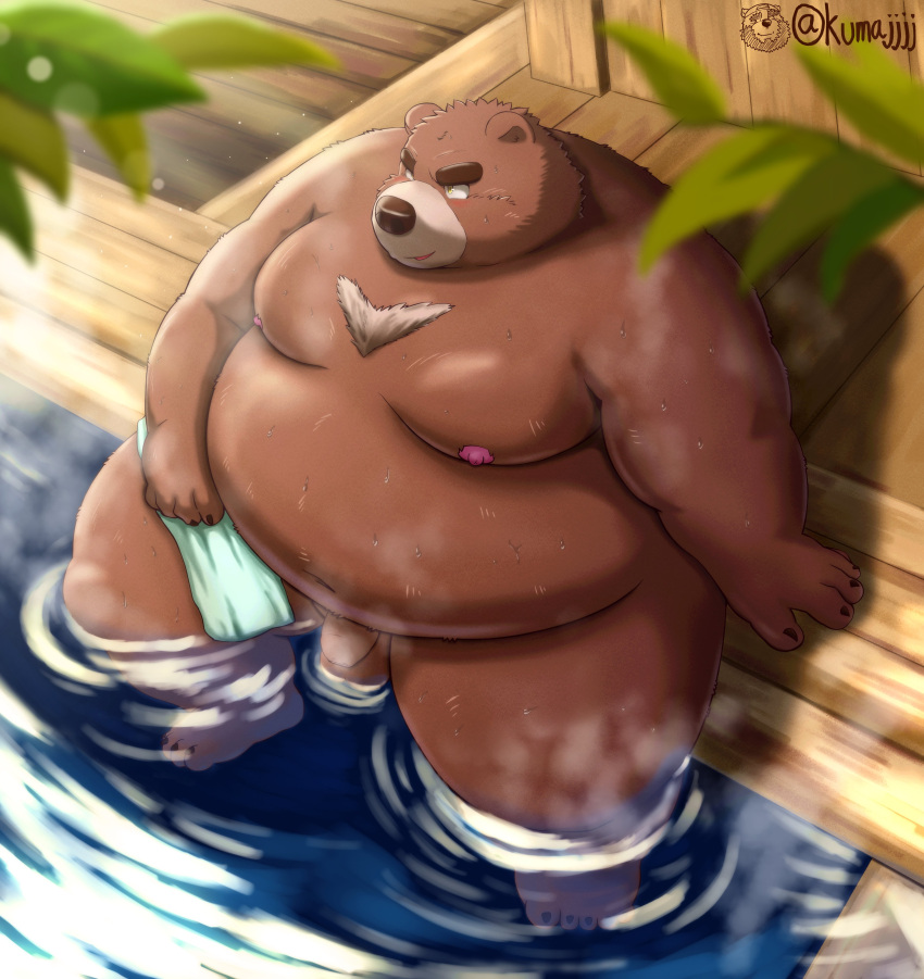 2021 absurd_res anthro balls belly bodily_fluids brown_body brown_fur flaccid fur genitals hi_res kemono kumajjjj male mammal moobs nipples obese obese_anthro obese_male overweight overweight_anthro overweight_male penis sitting solo sweat towel ursid