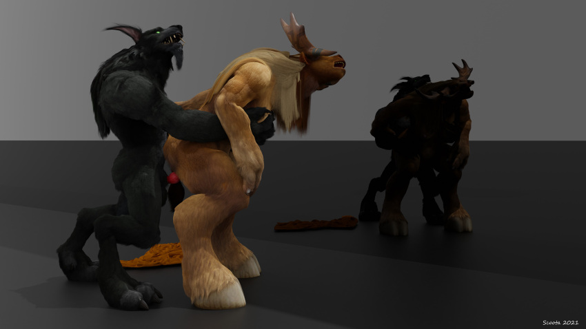 16:9 3d_(artwork) 4k absurd_res anthro antlers bjelka_(scoota) blender_(software) blizzard_entertainment bovid bovine canid digital_media_(artwork) female genitals gideon_(scoota) hair hi_res horn knot male mammal mirror penetration penis scoota sex tauren video_games warcraft were werecanid widescreen worgen world_of_warcraft