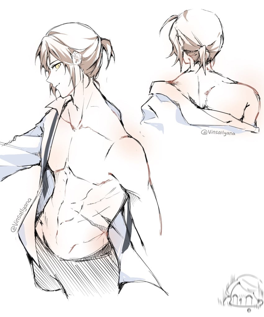 1boy back_muscles brown_hair gay male male_only muscles solo tied_hair tower_of_god twenty-fifth_baam undressed undressing yaoi