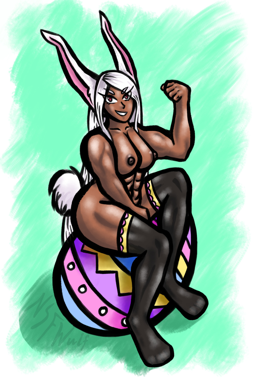 abs absurd_res animal_humanoid breasts cleavage clothed clothing easter easter_bunny easter_egg female flexing grin hair hand_between_legs hi_res holidays humanoid lagomorph lagomorph_humanoid legwear legwear_only long_hair looking_at_viewer mammal mammal_humanoid miruko mostly_nude muscular muscular_female muscular_humanoid my_hero_academia nipples nsfwulf nude pastel pinup pose red_eyes rumi_usagiyama sitting smile solo stockings stockings_only thick_thighs thigh_highs white_hair