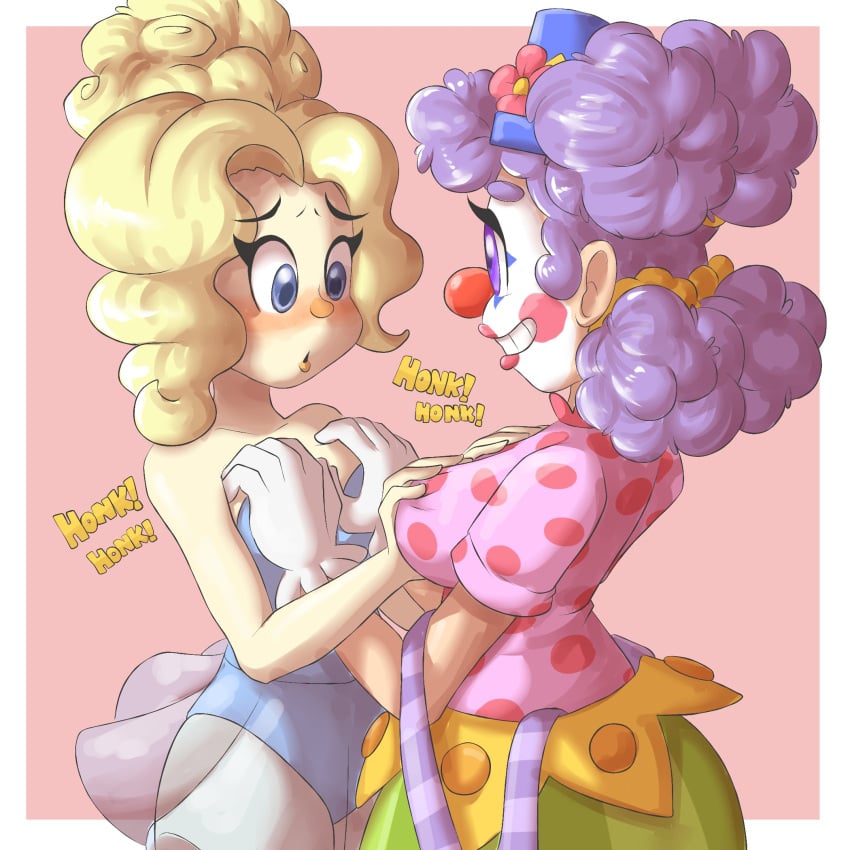 2girls anus ass aysha big_ass big_breasts big_butt breasts brown_hair cajarito chocolate clown clown_girl curly_hair female female_only kiki_(cajarito) multiple_girls pussy vagina yuri