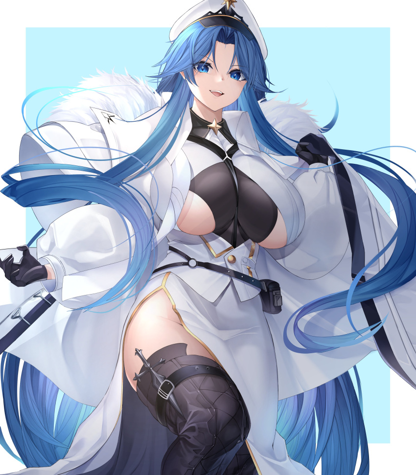 1girls azur_lane black_gloves black_legwear blue_eyes blue_hair breasts coat female female_only fur-trimmed_coat fur_trim g3bit10 gloves hat huge_breasts light-skinned_female light_skin long_hair looking_at_viewer looking_down military_hat northern_parliament_(azur_lane) smile solo sovetskaya_belorussiya_(azur_lane) thighhighs underboob very_long_hair