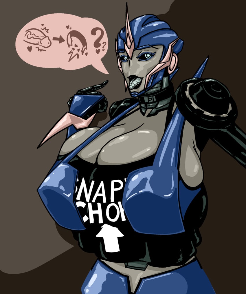 1female 1girl 1girls arcee artist_request big_breasts blue_eyes breasts bursting_breasts choker cleavage cleavage_overflow clothed clothing cybertronian female female_only genitals hasbro hi_res huge_breasts humanoid inviting_to_sex machine meme open_mouth penis pictographics propositioning robot robot_humanoid shirt snap_my_choker solo speech_bubble takara_tomy text text_on_clothing text_on_shirt text_on_topwear tongue tongue_out topwear transformers transformers_aligned_continuity transformers_prime unknown_artist