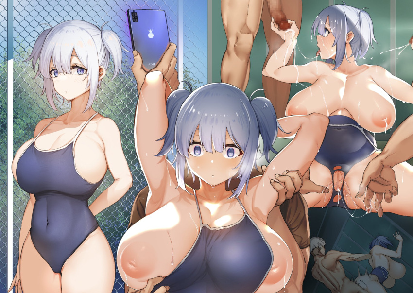 3boys after_fellatio against_wall arm_behind_back arm_grab arms_behind_head arms_up bangs blue_eyes blue_hair blush breasts breasts_apart breasts_out brown_shirt cellphone censored cleavage covered_navel cum cum_in_mouth cum_in_pussy cum_on_body cum_on_breasts cum_on_clothes cum_on_hair cum_on_tongue dark dark-skinned_male dark_skin ejaculation facial female fence fingering glowing group_sex hand_on_another's_back hand_on_another's_thigh handjob hanging_breasts highres holding_another's_arm huge_breasts inverted_nipples lactation looking_at_another looking_at_viewer looking_up mind_control multiple_boys multiple_penises navel nipple_slip nipples nude one-piece_swimsuit original outdoors penis phone pussy pussy_juice pussy_juice_string rape school_swimsuit sex sex_from_behind shingo. shirt short_hair sideboob sitting skin_tight skindentation smartphone spread_legs standing straight sweat sweatdrop swimsuit tongue tongue_out torn_clothes two_side_up undressing_another white_hair