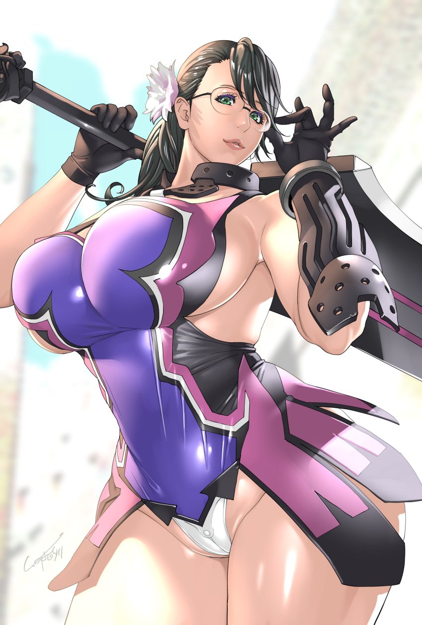 1girls alternate_version_available apron armwear big_breasts big_sword black_hair bottomwear breasts cameltoe cattleya female female_only flower flower_in_hair glasses green_eyes hair hair_ornament hips holding_weapon huge_breasts kotoyoshi_yumisuke large_breasts lips mature mature_female mature_woman milf mother panties plump ponytail queen's_blade solo solo_female thick_thighs thighs topwear voluptuous weapon white_panties