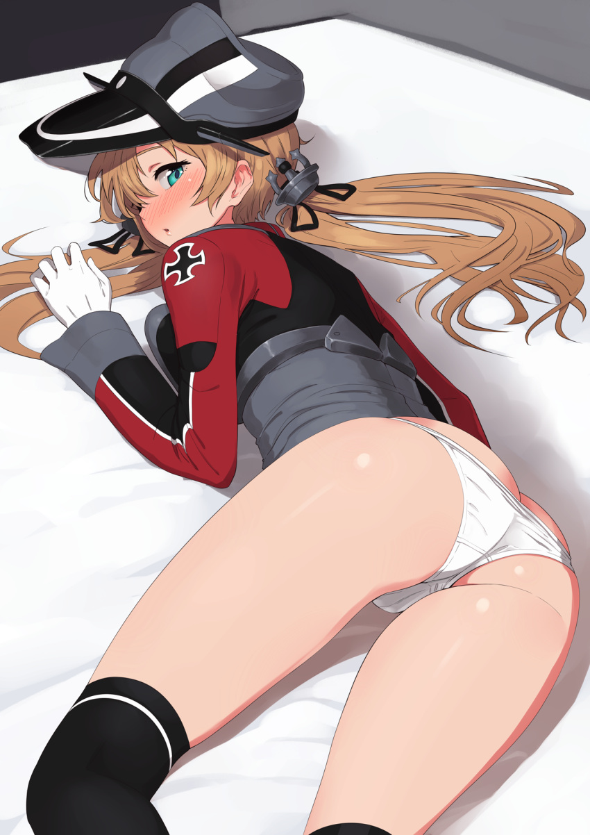 1girls anchor_hair_ornament aqua_eyes ass ass_cleavage black_legwear blonde_hair blush breast_press breasts butt_crack female female_only gloves hair_ornament hat highres iron_cross kantai_collection kneehighs long_hair long_sleeves looking_at_viewer looking_back lying military military_uniform omaru_gyuunyuu on_stomach open_mouth panties peaked_cap prinz_eugen_(kantai_collection) solo solo_female thighhighs twintails underwear uniform white_gloves white_panties