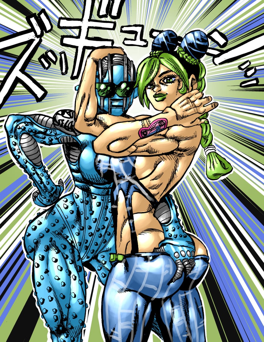 2girls ass_cleavage ass_grab big_ass blue_skin breasts butt_crack color female female_only goudadunn green_hair green_lipstick groping hi_res highres humanoid jojo's_bizarre_adventure jolyne_kujo muscular muscular_female shounen_jump stand_(jjba) stone_free stone_ocean toned