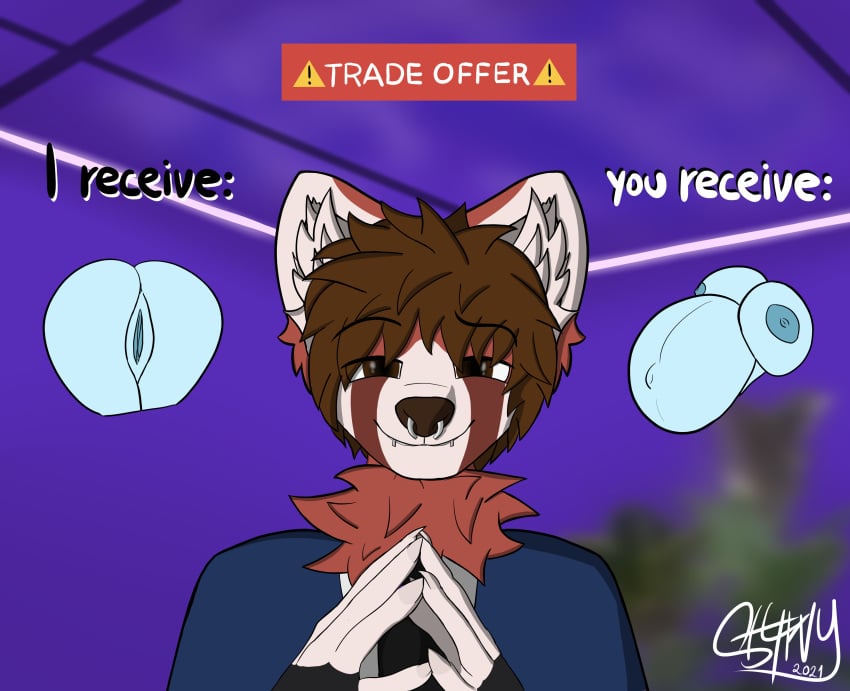 absurd_res ailurid anthro anus big_breasts bodily_fluids breasts clothing cum female genital_fluids genitals hi_res inflation inflation male male/female mammal meme piercing pregnant pussy red_panda smug solo st4rvy_(artist) starky suit trade_offer ych_(character)