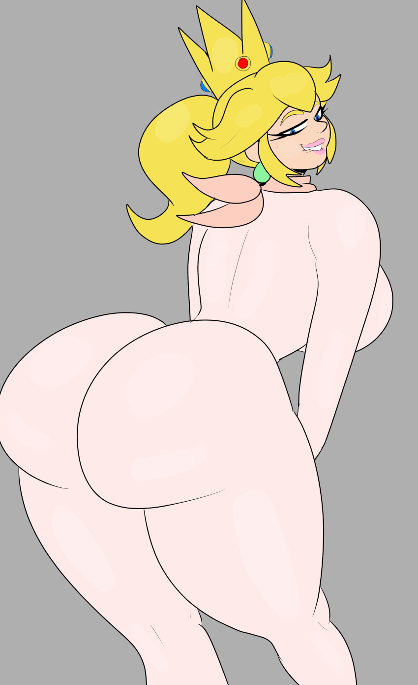 1girls ass ass_focus big_ass biting_lip blonde_hair bodysuit female female_focus female_only grey_background leaning_forward looking_back mario_(series) nintendo ponytail presenting presenting_ass presenting_hindquarters princess_peach simple_background skin_tight solo standing super_mario_bros._(2023_film) susknuckles tied_hair