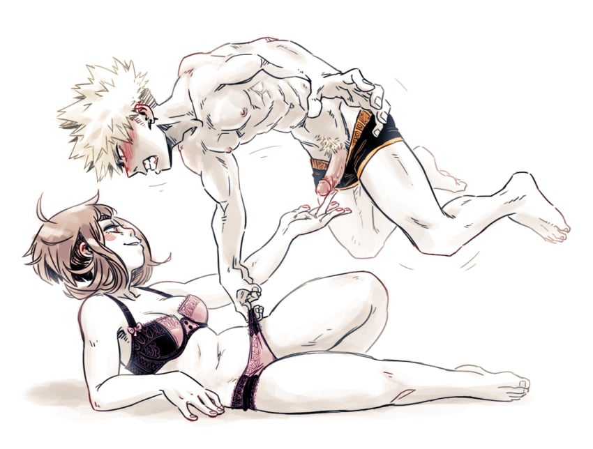 1boy 1boy1girl 1girls angry blush erect_penis erection female floating hand_on_penis katsuki_bakugou male male/female muscular muscular_male my_hero_academia ochako_uraraka penis penis_out pulling_panties straight touching_penis touching_tip underwear