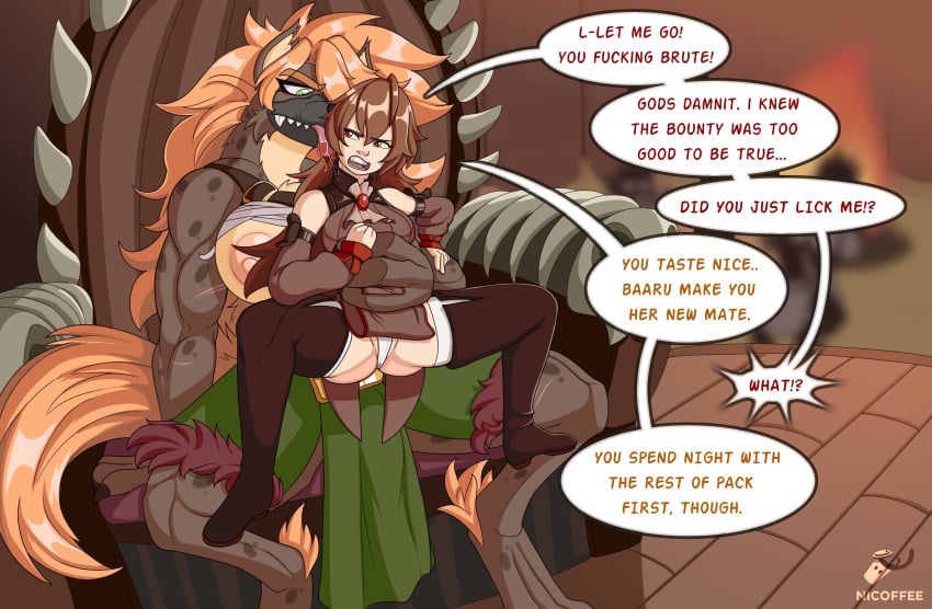 1futa 1girls anthro_on_human big_dom_small_sub breasts brown_hair clothed clothing dialogue duo female femsub fully_clothed furry futa_on_female futadom futanari gnoll human hyaenid imminent_sex interspecies larger_futanari licking light_skin long_hair mead_(character) muscular muscular_futanari nicoffee pale_skin sitting size_difference smaller_female text thighhighs tongue tongue_out