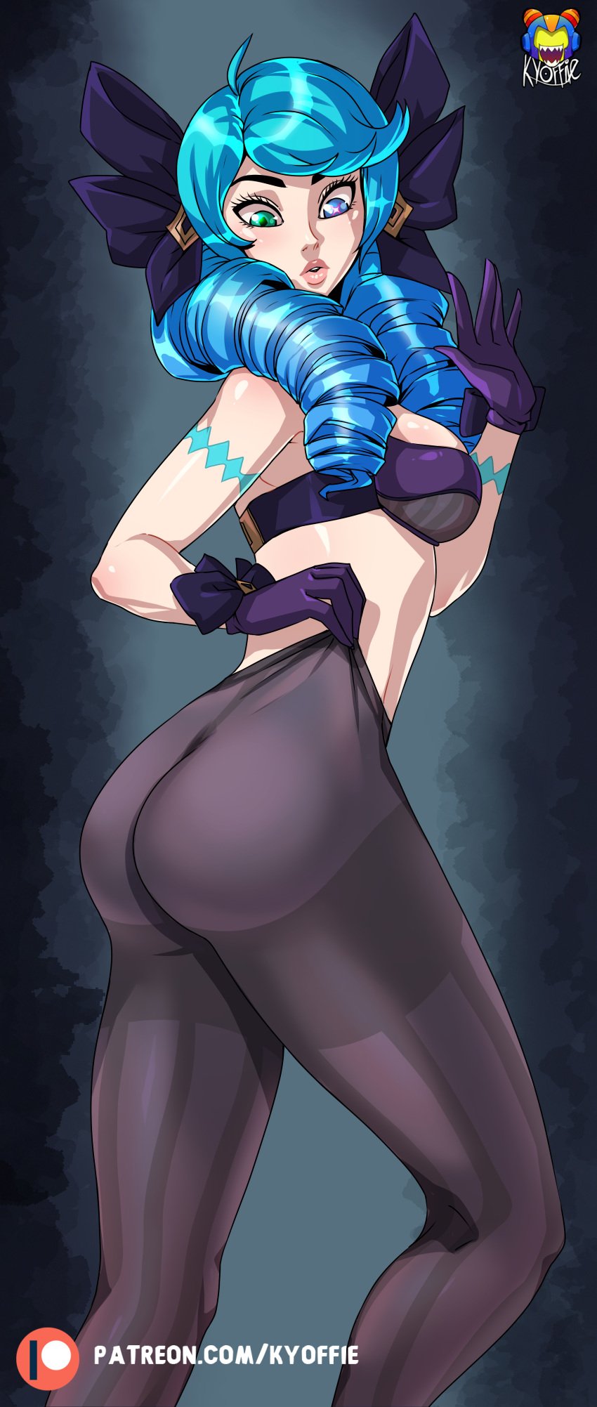 1girls ass ass_focus blue_hair bra candy_blue_hair drill_hair eyelashes female female_only gloves gwen_(league_of_legends) hair_ornament heterochromia kyoffie league_of_legends legwear light_skin long_eyelashes pantyhose patreon patreon_username pulling_pantyhose solo twin_drills twintails url watermark