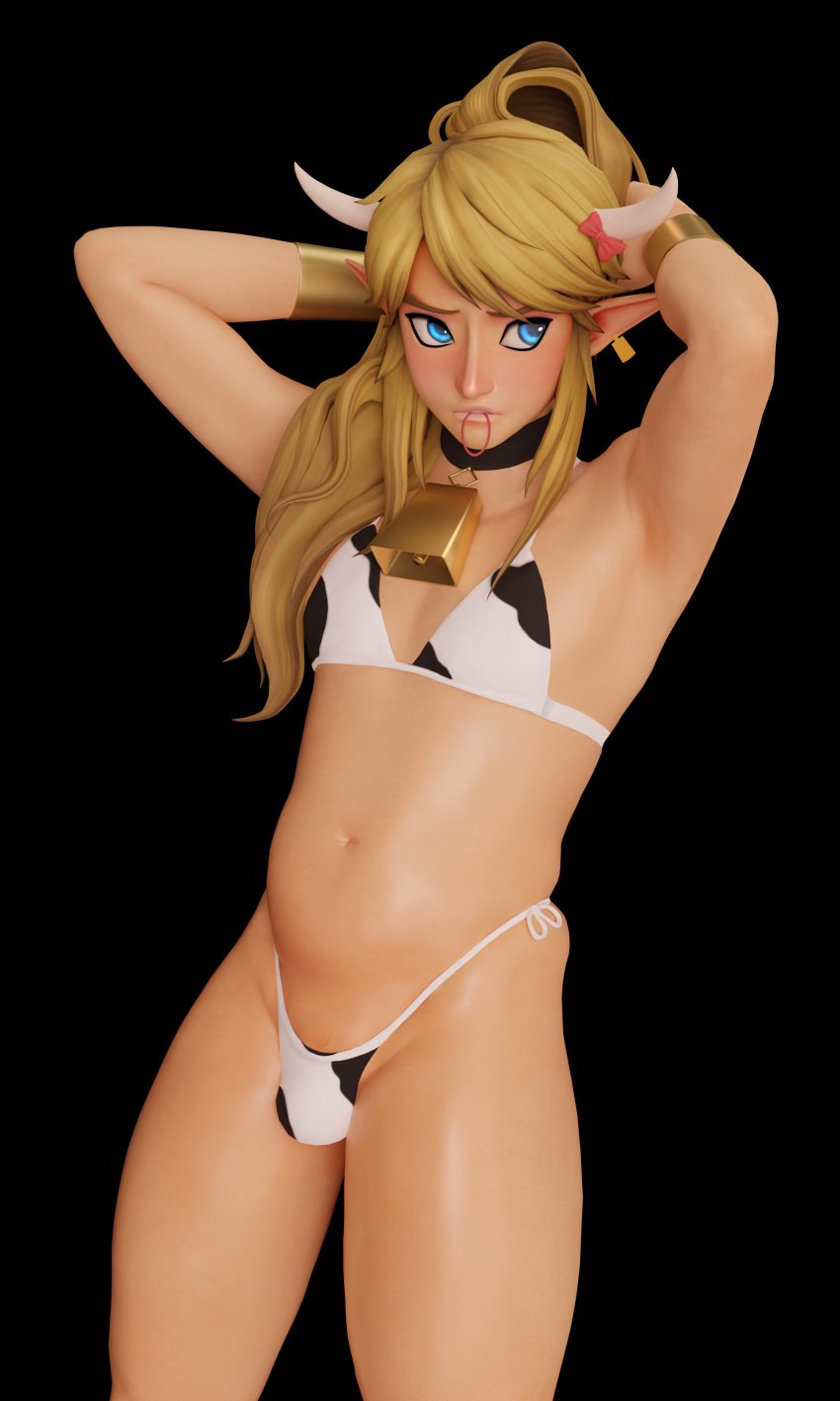 1boy 2021 3d 3d_(artwork) androgynous armpits arms_up bikini blonde_hair blue_eyes blush bowtie canon_crossdressing choker cow_accountrements cow_horns cow_print cow_print_bikini cowbell crossdressing emberstock femboy feminine_male girly horn light-skinned_femboy link male male_only moo_bitch nintendo object_in_mouth pointy_ears shiny_skin shy skindentation solo the_legend_of_zelda thick_thighs trap yaoi year_of_the_ox