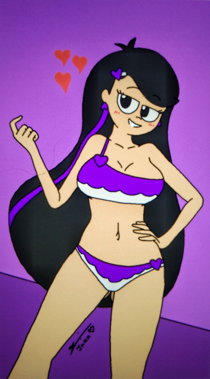 alternate_version_available big_breasts bikini black_hair bra curvy_figure heart long_hair lovely_(writers_crusaders) panties purple_bikini seducing seductive seductive_look seductive_smile simple_background solo_focus swimsuit swimwear thighs wcjuan writers_crusaders