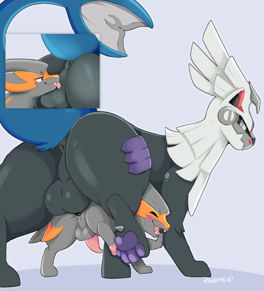 2021 anus ass ball_lick balls balls_deep big_balls big_butt big_dom_small_sub blush duo electrike fan_character feral genitals hi_res kay_(thiccvally) legendary_pokémon licking male male/male nintendo oral pawpads penetration perineum pixelyteskunk pokémon_(species) pokemon raised_tail rear_view sex silvally simple_background size_difference tongue tongue_out video_games