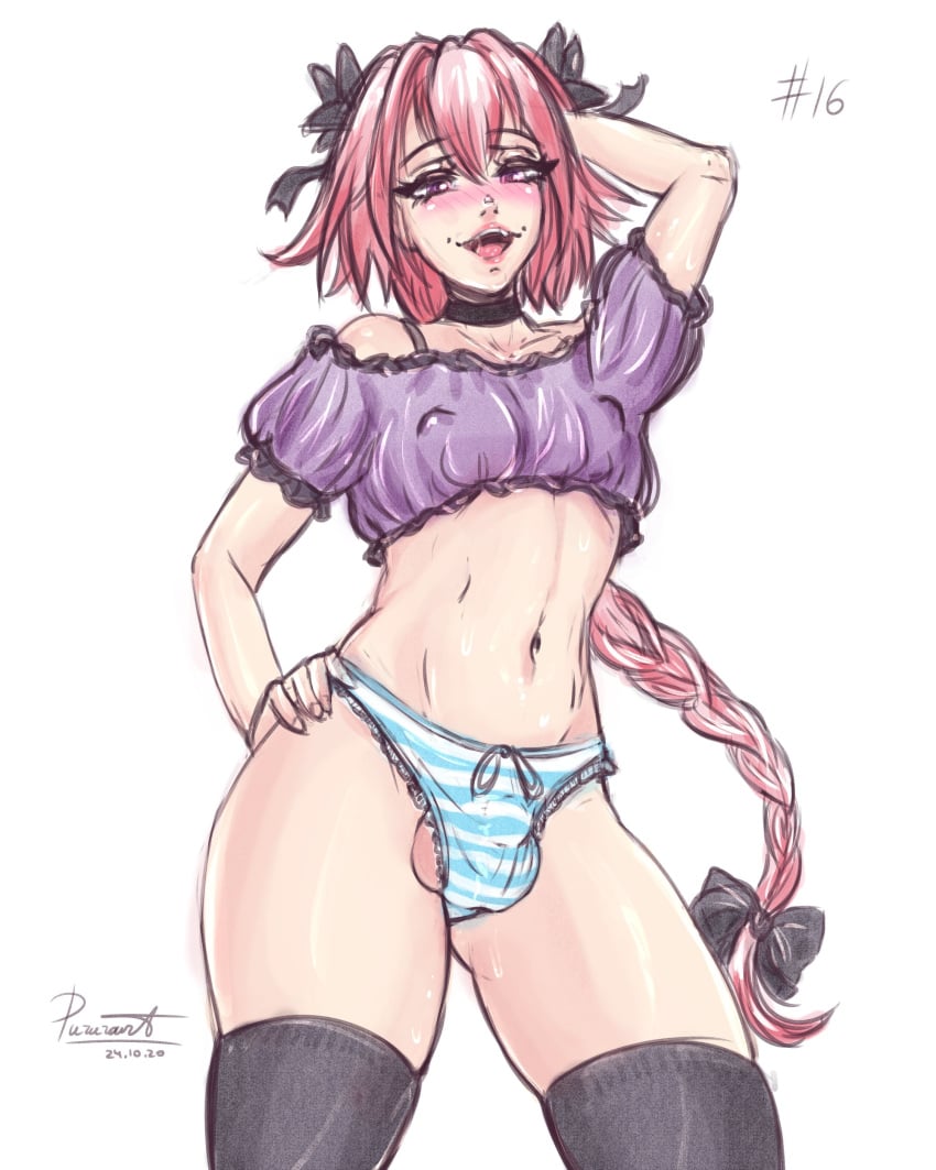 1boy arm_up astolfo_(fate) ball_bulge ball_slip balls balls_in_panties balls_slip balls_under_clothes belly black_bow black_choker black_legwear blush bows braid bulge choker crossdressing eyebrows eyebrows_visible_through_hair eyelashes fate_(series) femboy femboy_only flaccid girly hair_between_eyes hair_ribbon hairbow hand_on_hip hand_on_own_hip horizontal-striped_panties lace lace-trimmed_panties legwear long_braid long_hair male male_only mouth_open navel nipple_bulge nipples nipples_visible_through_clothing open_mouth panties panty_bulge penis_bulge penis_in_panties penis_under_clothes pink_hair purple_top purple_topwear pururart sissy stomach striped_panties sweat sweatdrop tagme testicles top topwear trap