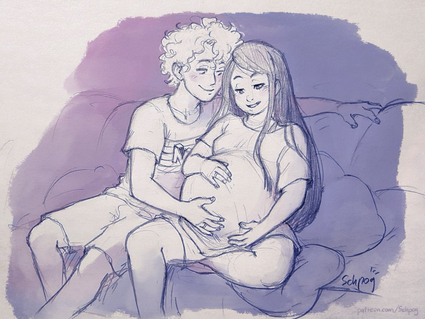 1boy 1girls belly_hold clothed couple hand_on_another's_stomach happy hetero holding_belly husband_and_wife pregnant sapphicbump straight wedding_ring wholesome