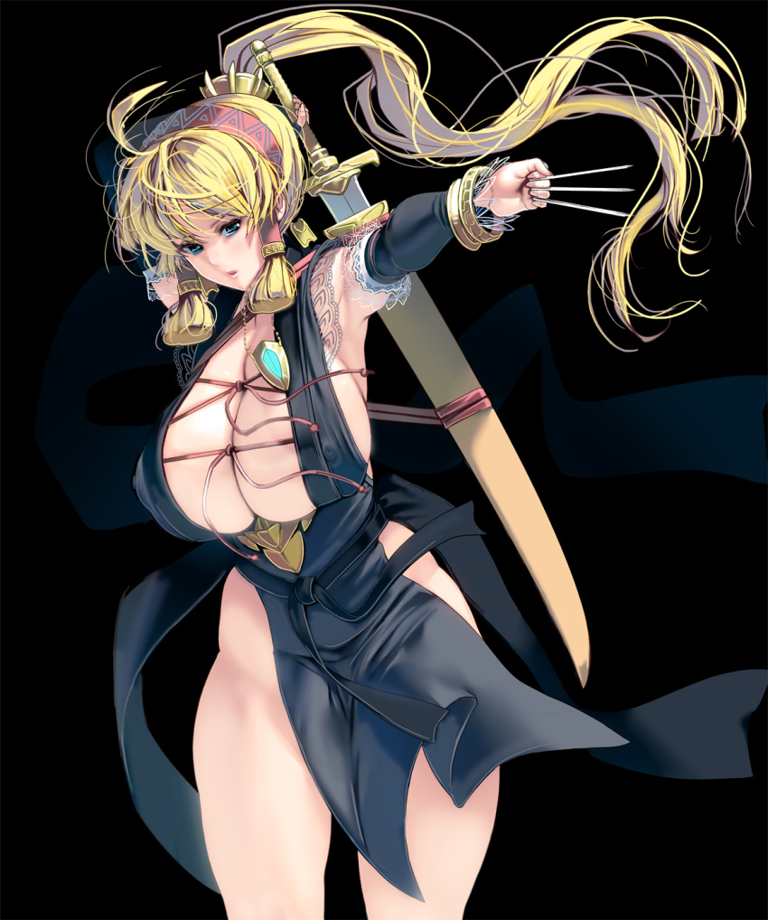 1girls blonde_hair blue_eyes cleavage curvy female highres huge_breasts knife long_hair looking_at_viewer masao ninja original ponytail revealing_clothes solo standing sword throwing_knife weapon