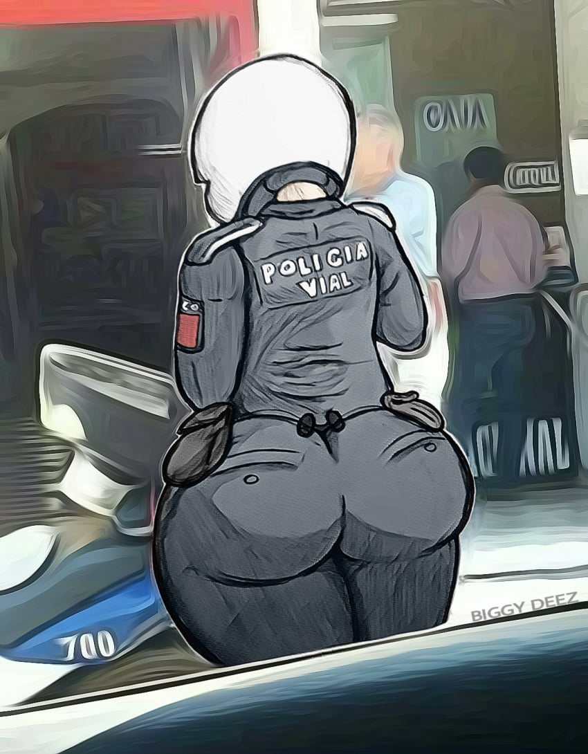 ass big_ass biggy_deez dark_clothing helmet huge_ass looking_away motorcycle_helmet police police_officer police_uniform policewoman thick_thighs tight_clothing tight_pants traditional_media_(artwork) turned_away