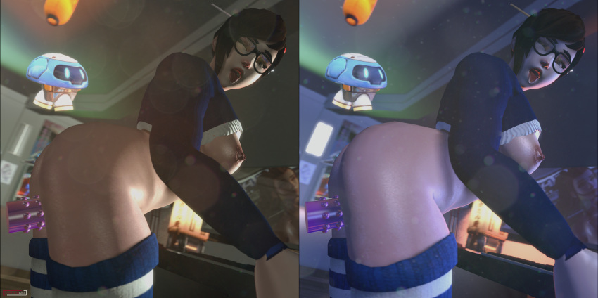 2021 3d 4k blizzard_entertainment brown_eyes brown_hair computer_screen day dildo dildo_in_pussy exposed_breasts female glasses looking_back masturbation mei_(overwatch) night overwatch poster scathachalter sex_toy snowball_(overwatch) source_filmmaker sweater thighhighs tongue_out watermark winking