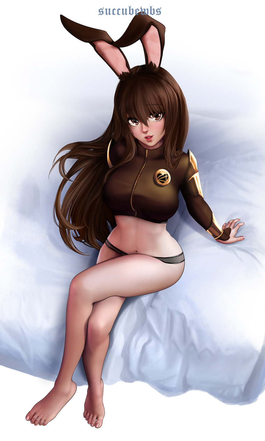 brown_eyes brown_hair bunny_ears bunny_girl crossed_legs gold_(metal) leather leather_jacket lingerie long_hair medium_breasts panties pov rwby shy small_breasts smile succubewbs velvet_scarlatina