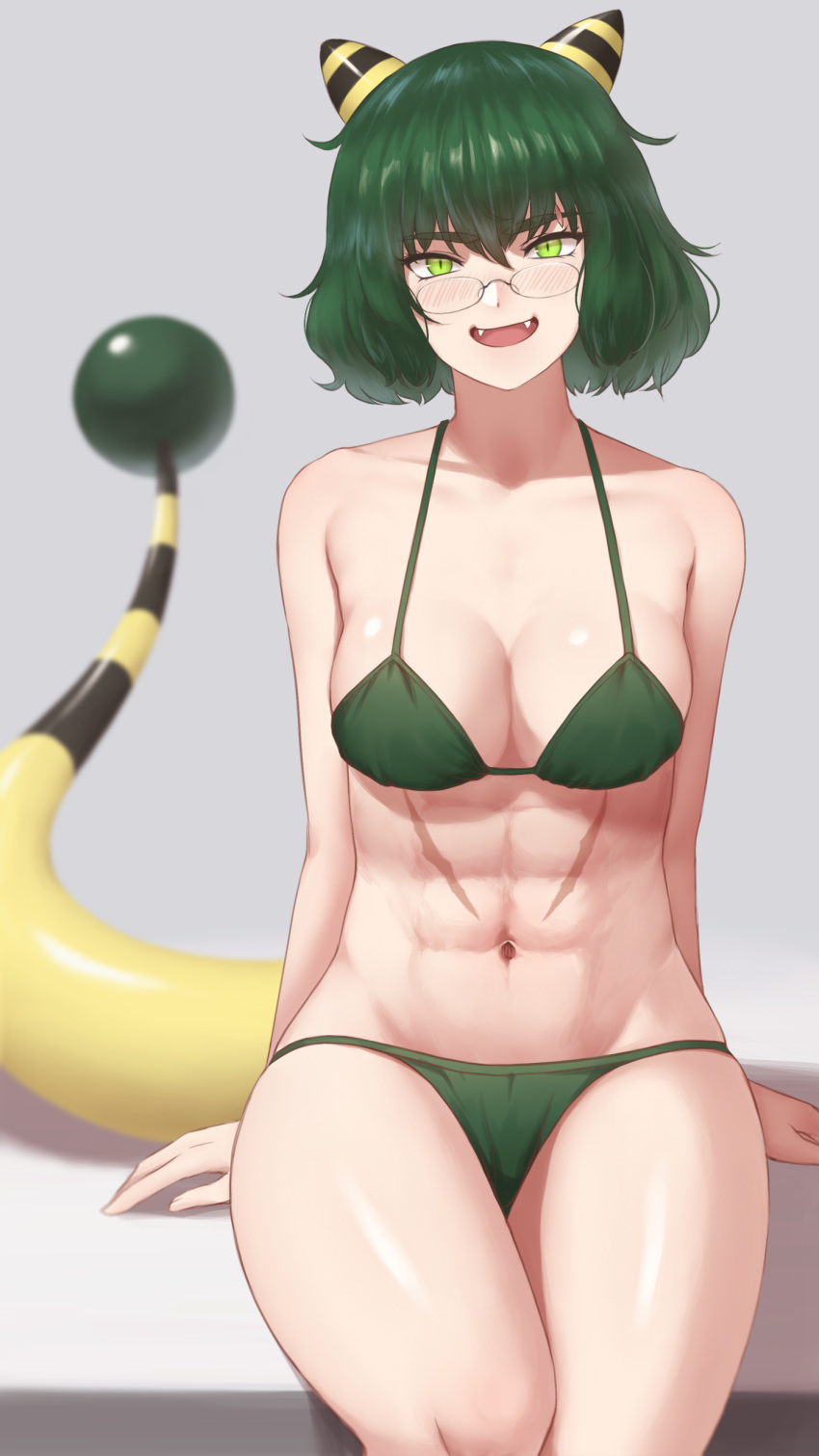 1girls abs absurd_res alsophys_d._fabula bangs bikini breasts eyebrows eyebrows_visible_through_hair fangs female female_focus female_only glasses green_eyes green_hair hi_res highres horns light-skinned_female light_skin looking_at_viewer medium_breasts mil_k_vanilla miru_(wvjc7832) navel open_mouth original original_character scar short_hair sitting smile smiling sophy swimsuit tail thick_eyebrows thick_thighs