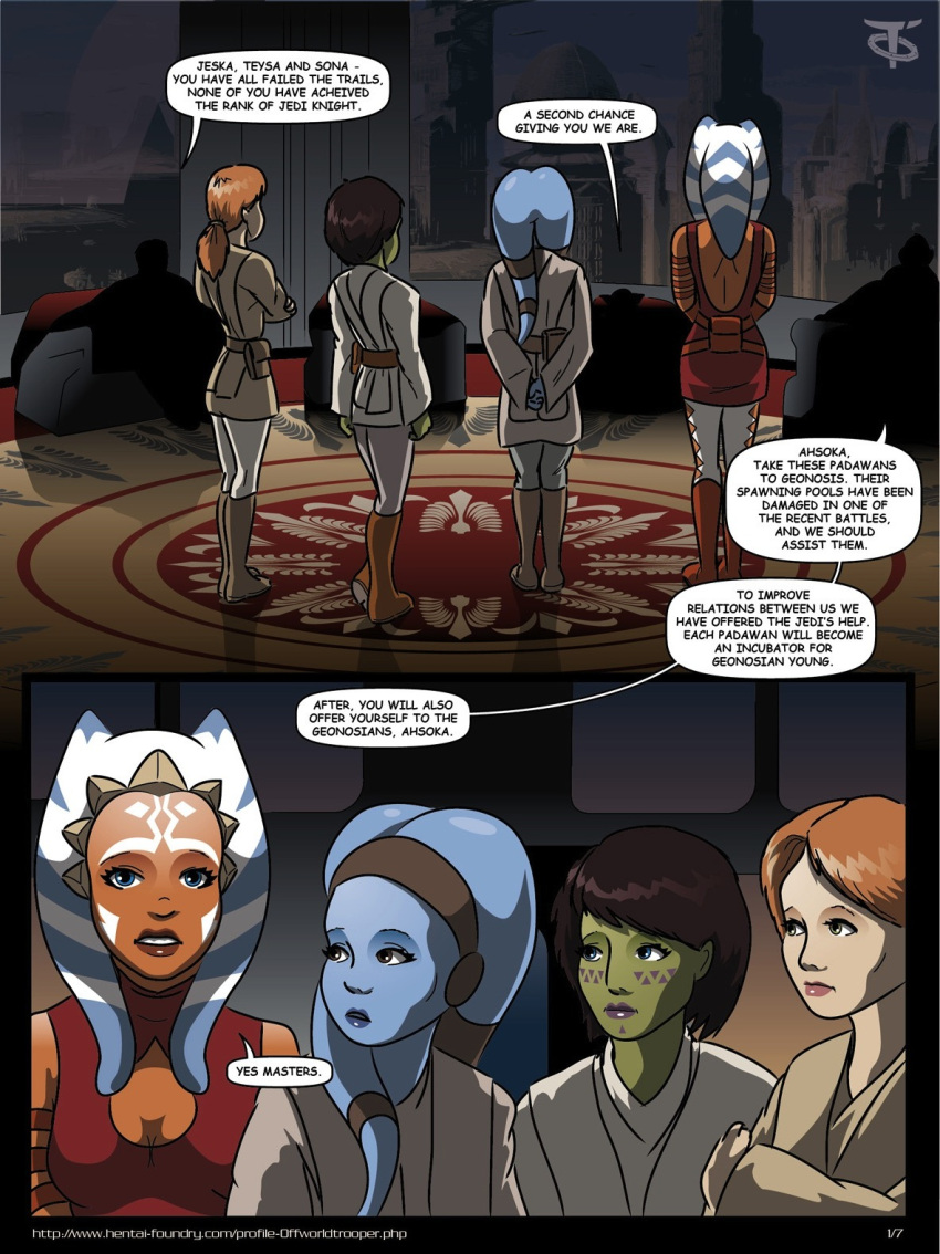 4girls a_geonosian_incubation ahsoka_tano alien blue_skin breeding_slave clone_wars comic dialogue female_only green_skin human implied_hypnosis jedi jeska mace_windu mirialan multiple_girls obi-wan_kenobi offworldtrooper orange_hair orange_skin small_breasts sona star_wars tagme teysa togruta twi'lek yoda yoda's_species