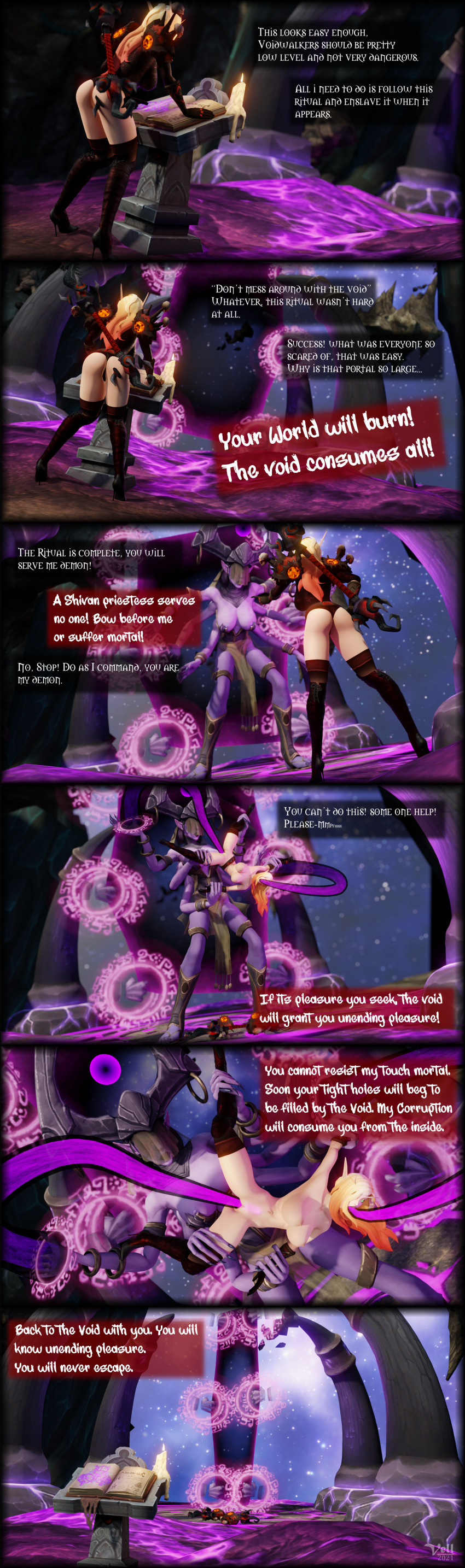 2girls 3d bad_end blender blood_elf comic corruption demon demon_girl multiple_images tentacle text vell(vellektra) vellektra void_corruption_(warcraft) world_of_warcraft