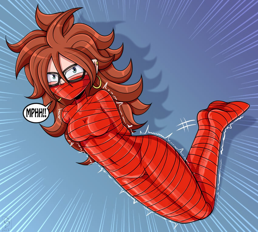 1girls android_21 android_21_(human) bondage brown_hair dragon_ball dragon_ball_fighterz earrings female gag gagged gaggeddude32 mummified red_tape solo text tied_up