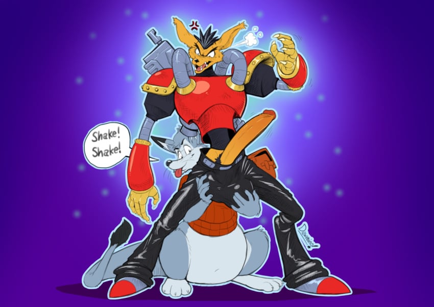 2020 alex_the_rubikang angry anthro armor ball_bulge ball_fondling balls belly big_balls big_penis black_hair bulge canid canine canis claws clothing dawmino dialogue duo fondling fur genitals grey_body grey_hair hair long_penis lunar_(mischief_makers) male male/male mammal mischief_makers open_mouth orange_body orange_fur penis pubes red_body rubikang steam sweater teeth_showing tongue tongue_out topwear weapon wolf