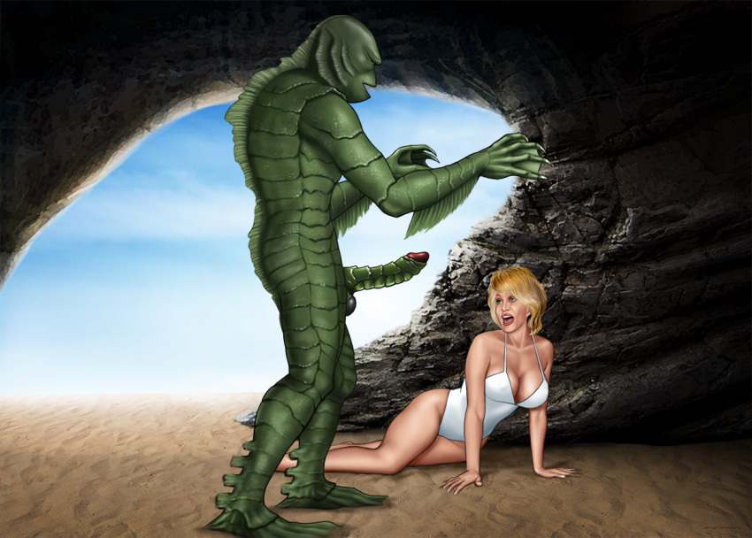 1boy 1girls bare_arms bare_hips bare_legs bare_shoulders blonde_hair clavicle country_music_hall_of_fame_and_museum creature_from_the_black_lagoon dolly_parton erection extro gill-man imminent_rape looking_at_penis monster monster_penis mouth_open neck nipples_visible_through_clothing one-piece_swimsuit open_mouth penis tagme universal_studios white_swimsuit