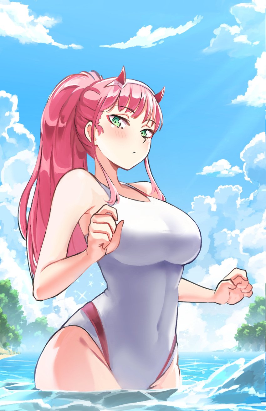 1girls blush breasts competition_swimsuit coolisushi darling_in_the_franxx female_only green_eyes looking_at_viewer medium_breasts one-piece_swimsuit partially_submerged pink_hair solo swimsuit water white_swimsuit zero_two_(darling_in_the_franxx)