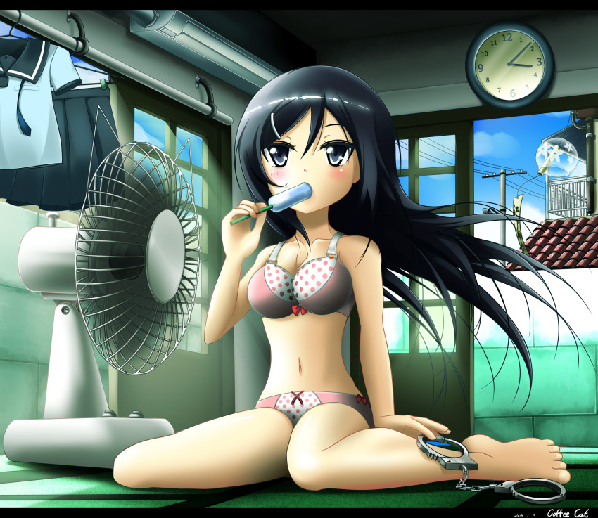 1girls aragaki_ayase blush bra breasts clock clothing coffee_cat electric_fan fan female handcuffs ice_cream knees_together_feet_apart long_hair matching_underwear ore_no_imouto_ga_konna_ni_kawaii_wake_ga_nai panties pink_bra pink_panties polka_dot_bra polka_dot_panties school_uniform solo underwear