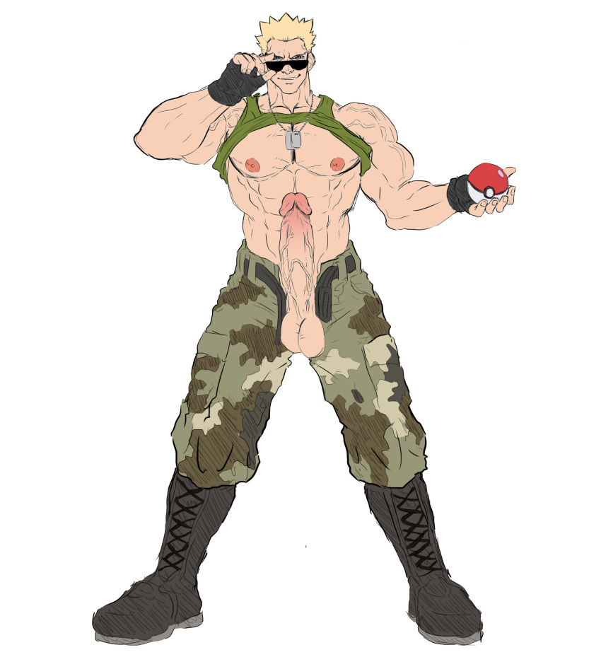 1boy abs adjusting_eyewear adjusting_glasses adjusting_sunglasses bara big_balls big_nipples big_pecs big_penis big_testicles blonde_hair boots camouflage_pants erection exposed_nipples fingerless_gloves gay huge_balls huge_cock huge_testicles human human_only imminent_sex legs_apart looking_at_viewer looking_over_eyewear looking_over_glasses looking_over_sunglasses lt_surge male male_only mb_artblog muscle muscles muscular muscular_male nipples pants_open pecs penis_out penis_through_fly pokeball pokemon shirt_up shirtless solo solo_male spiky_hair sunglasses tank_top tinted_eyewear topless veiny_muscles veiny_penis yaoi