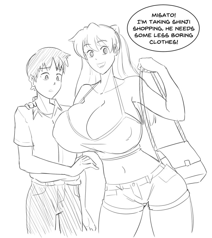 amazon asuka_langley_sohryu cleavage clothing crop_top curvy daisy_dukes huge_breasts large_breasts larger_female male neon_genesis_evangelion rexcrash64 shinji_ikari shopping shorter_male shorts slice_of_life smaller_male taller_female taller_girl thick_thighs wide_hips