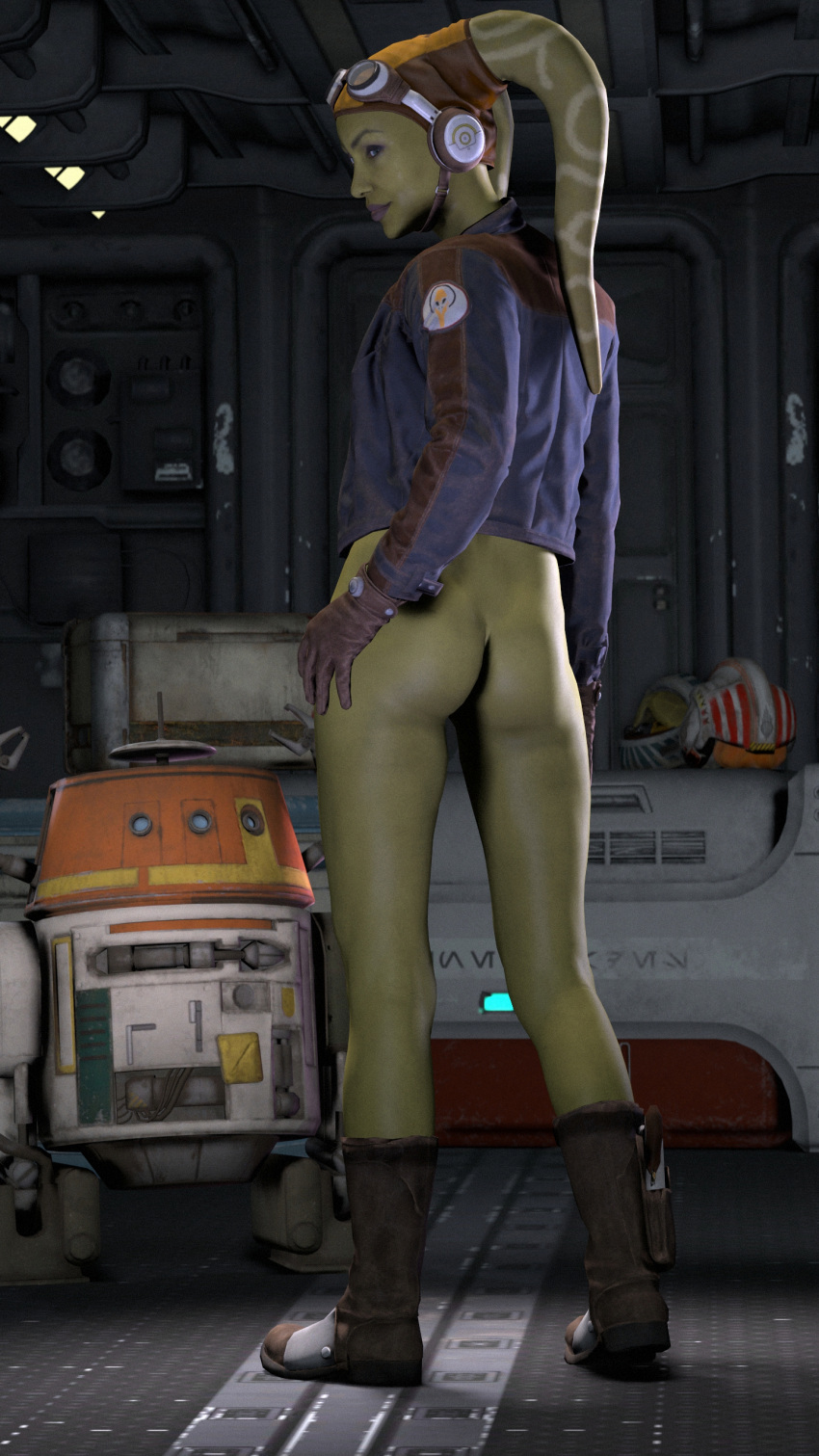 1girls 2020 3d ass astromech_droid detailed_background disney_xd droid female_focus female_only ghost_(spaceship) green_eyes half-dressed hera_syndulla hi_res looking_at_viewer looking_back lucasfilm motive_studios rebel_pilot_helmet robot shittyhorsey smile solo star_wars star_wars_rebels star_wars_squadrons twi'lek vcx-100_light_freighter