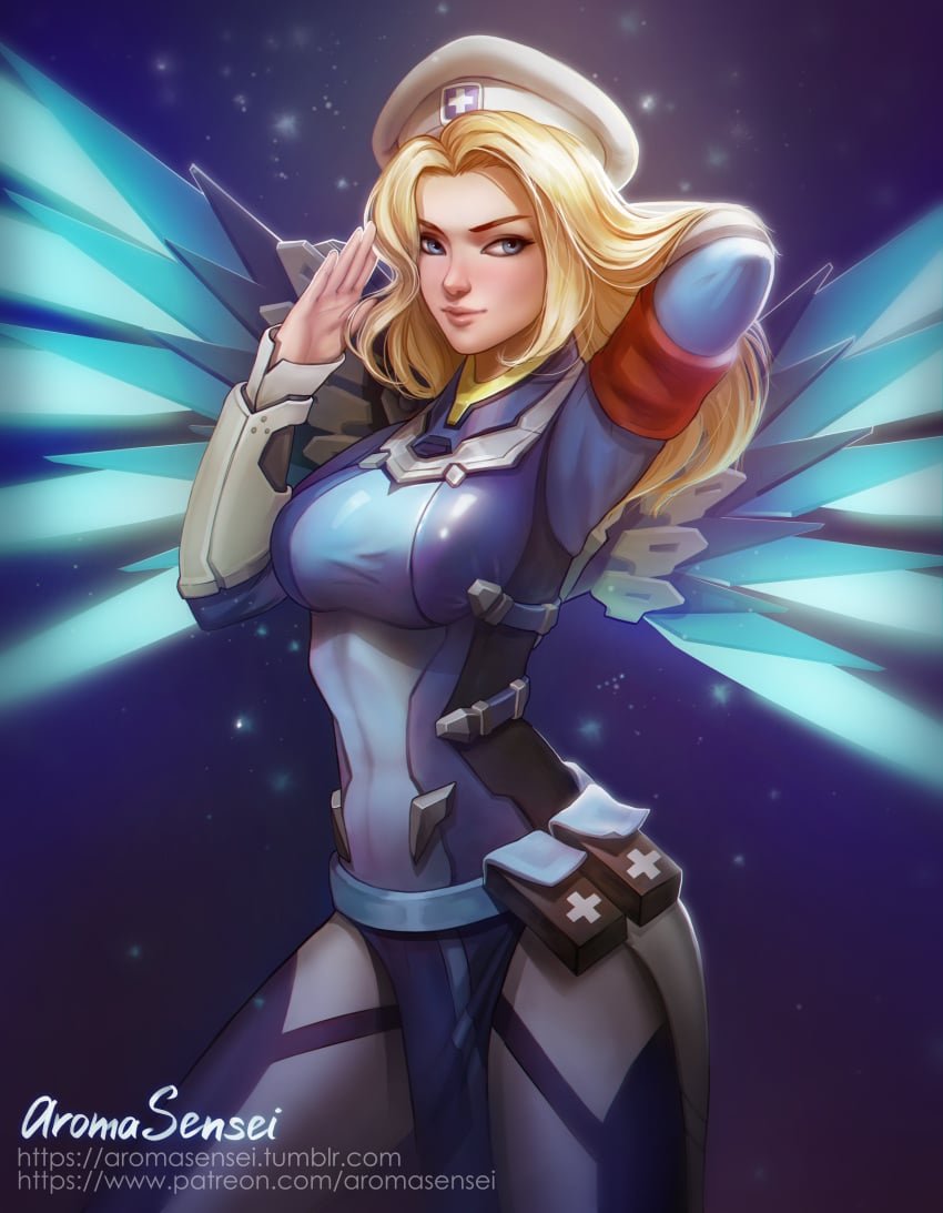 1girls absurdres alternate_costume aroma_sensei artist_name belt belt_pouch beret blizzard_entertainment blonde_hair blue_eyes combat_medic_ziegler female female_only fully_clothed mercy nurse overwatch patreon_username salute solo source_request standing tumblr_username url wings