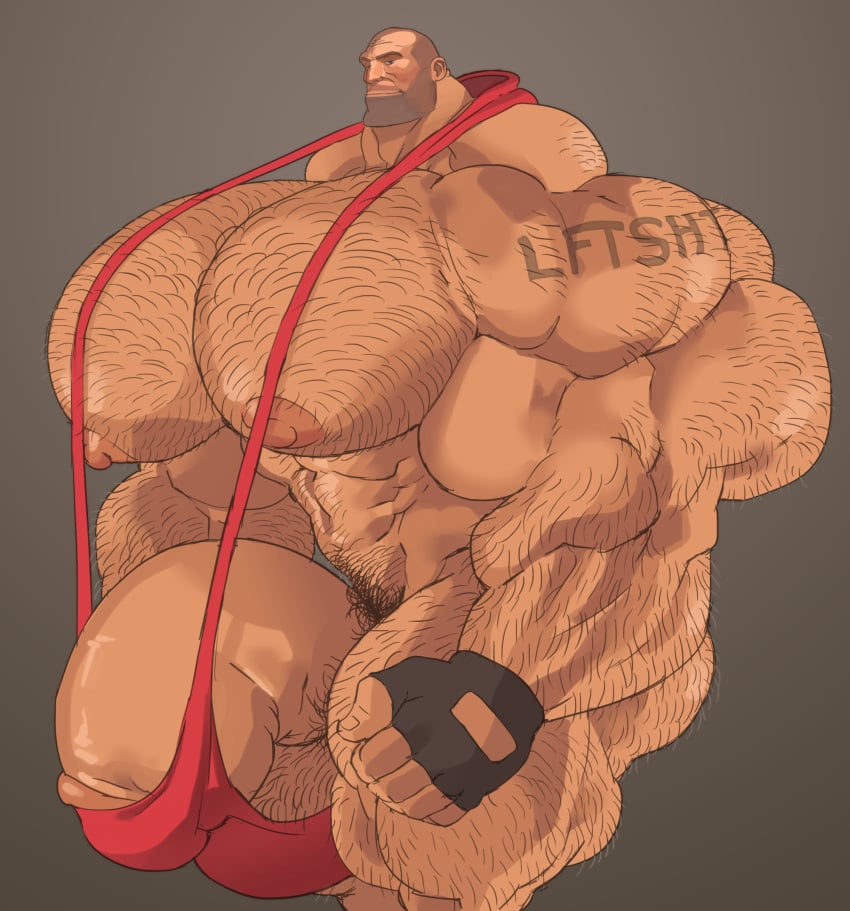 balls banana_hammock bara body_hair bulge fingerless_gloves flaccid gloves hairy heavy_weapons_guy huge_cock human hunk hyper hyper_muscles male male_only mankini penis remert solo solo_male tattoo team_fortress_2 tight_fit valve_(company)