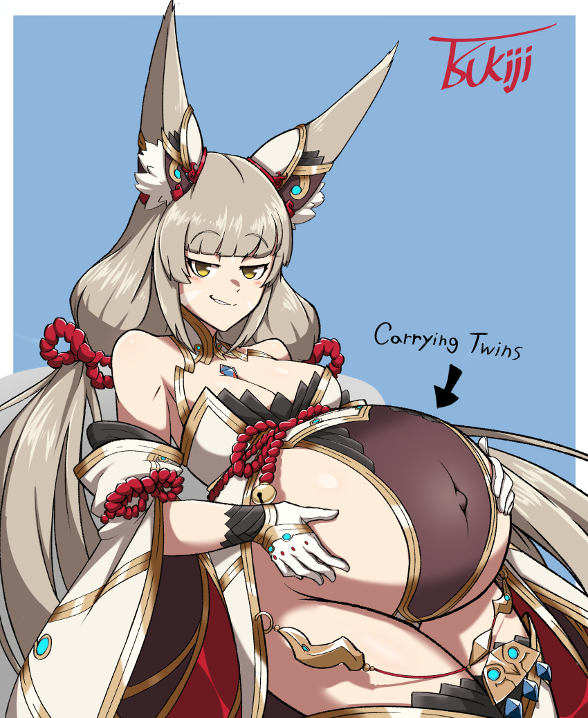 belly_button big_belly blush breasts brown_eyes brown_hair cleavage english_text female gloves hands_on_belly highleg_leotard kimono kitsune leotard looking_at_viewer nia nia_(blade) nintendo pregnant pregnant_with_multiples revealing_clothes signature smug tagme thick_thighs tsukiji xenoblade_(series) xenoblade_chronicles_2