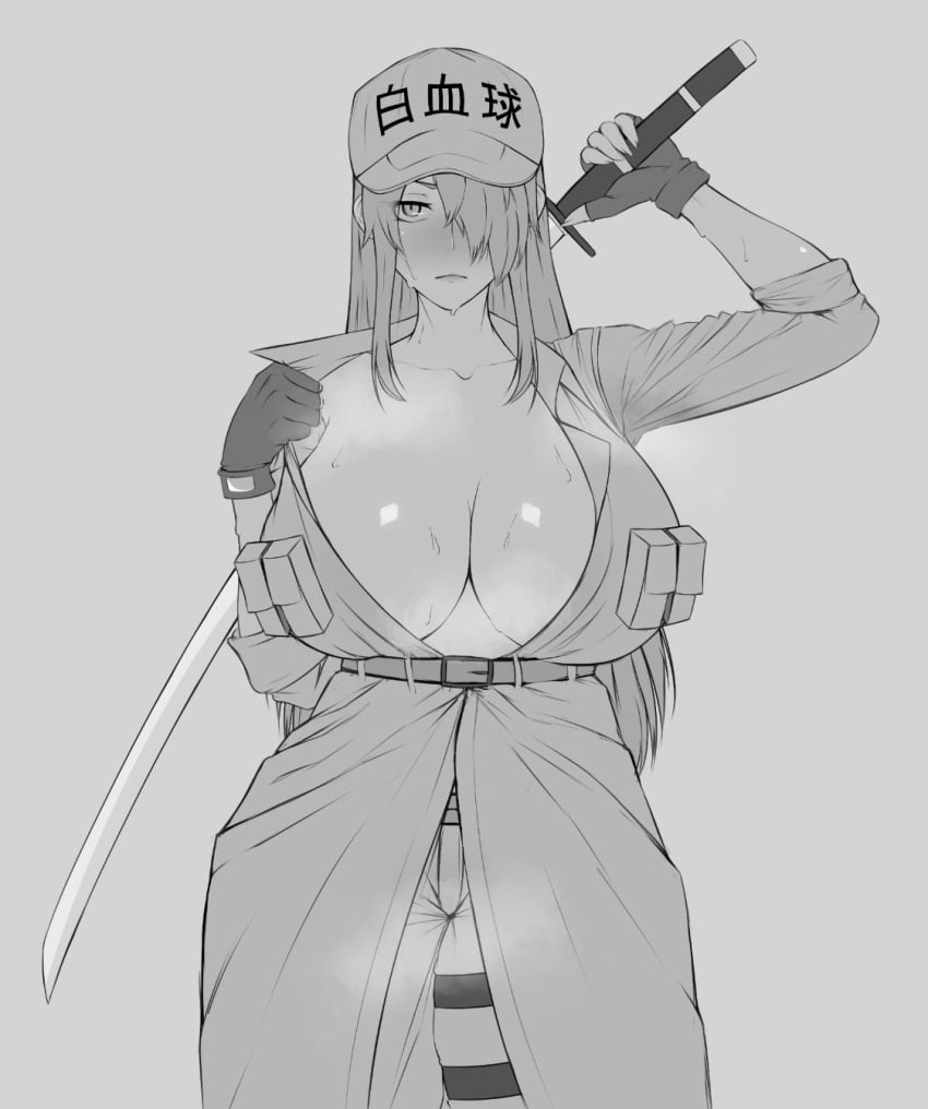 belt cells_at_work coat facing_viewer fraankyy gloves hataraku_saibou hataraku_saibou_black katana large_breasts long_hair looking_at_viewer straps sweat sword u-1196 white_blood_cell_(hataraku_saibou)