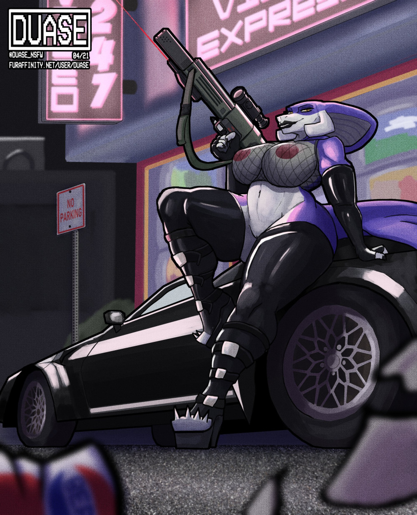 absurd_res anthro areola big_breasts breasts car cobra duase female fishnet_clothing genitals gun hi_res holding_gun holding_object holding_weapon non-mammal_breasts purple_body pussy ranged_weapon reptile scalie snake solo vehicle weapon