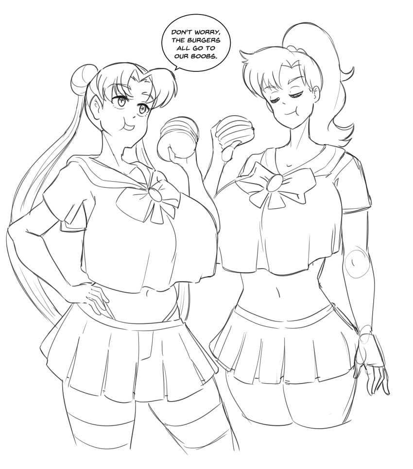 2girls bishoujo_senshi_sailor_moon breast_expansion burger clothing dialogue dialogue_bubble eating exposed_stomach female_only food large_breasts makoto_kino rexcrash64 sketch skirt usagi_tsukino