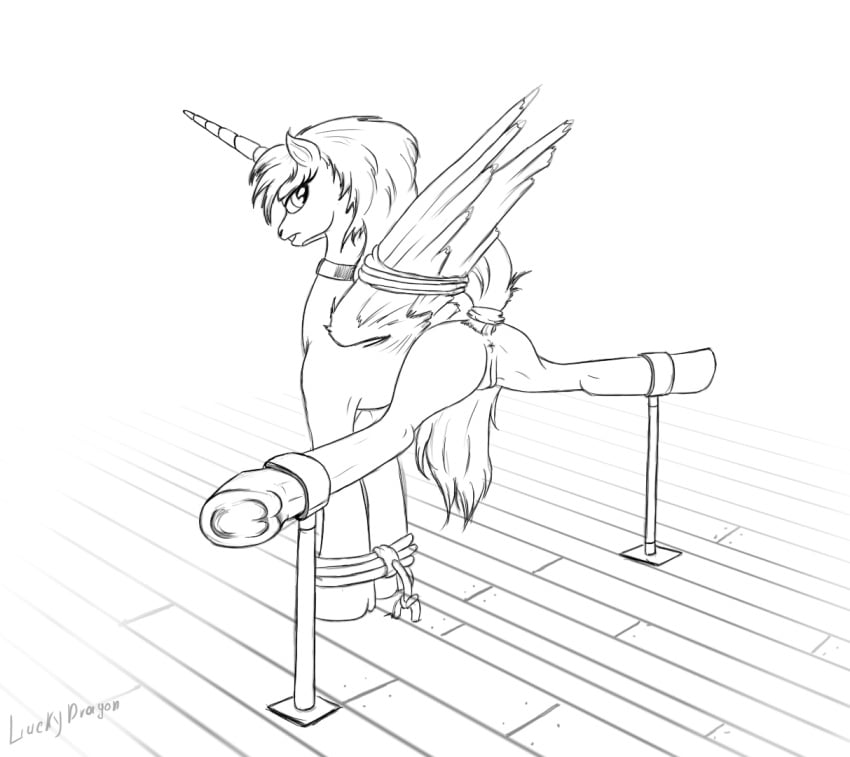 alicorn anus bondage bound bound_wings collar equid equine female feral genitals hasbro horn looking_back mammal monochrome my_little_pony pussy simple_background solo source_request spread_legs spreading white_background wings zafara_(artist)