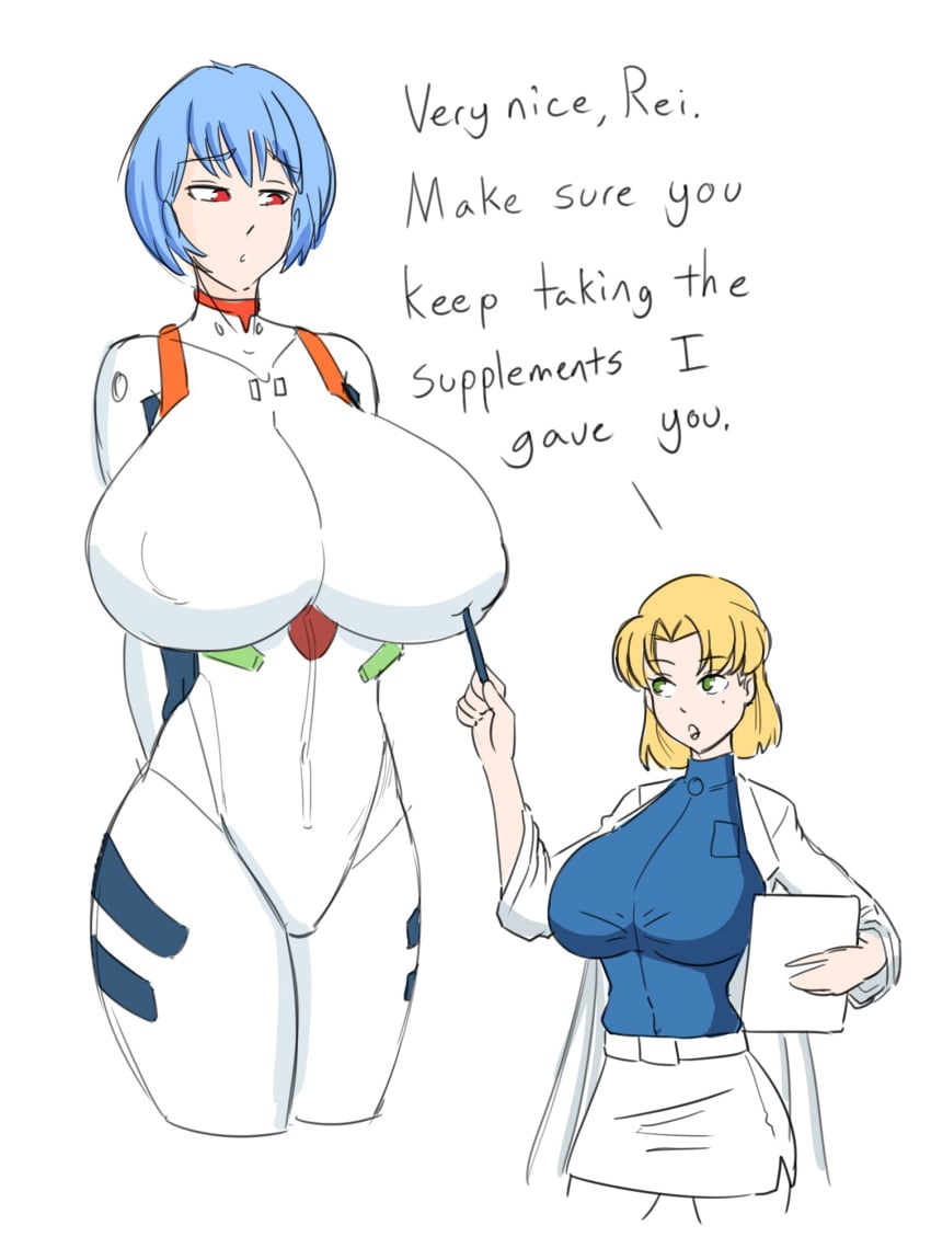 2girls big_breasts blonde_hair blue_hair bodysuit breasts clothing curvy english_text female gainax giantess growth_pills huge_breasts human implied_growth large_breasts larger_female light-skinned_female light_skin mini_giantess mole mole_under_eye neon_genesis_evangelion pilot_suit plugsuit rei_ayanami rexcrash64 ritsuko_akagi scientist short_hair skirt smaller_female text thick_thighs wide_hips