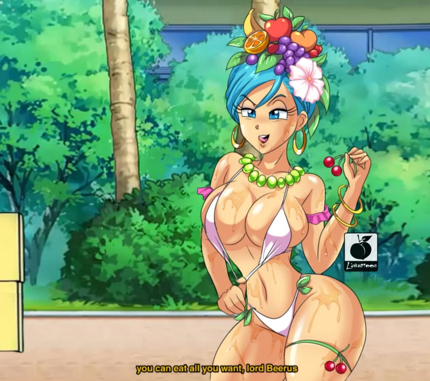 big_breasts bikini blue_eyes blue_hair breasts bulma_briefs cleavage dragon_ball dragon_ball_super dragon_ball_z earrings fruit_hat ganguro gyaru half-closed_eyes hoop_earrings hourglass_figure licking_lips linkartoon milf no_eyewear oiled oiled_skin pulling_clothing seductive seductive_look shounen_jump swimsuit thick_thighs thin_waist wet wide_hips